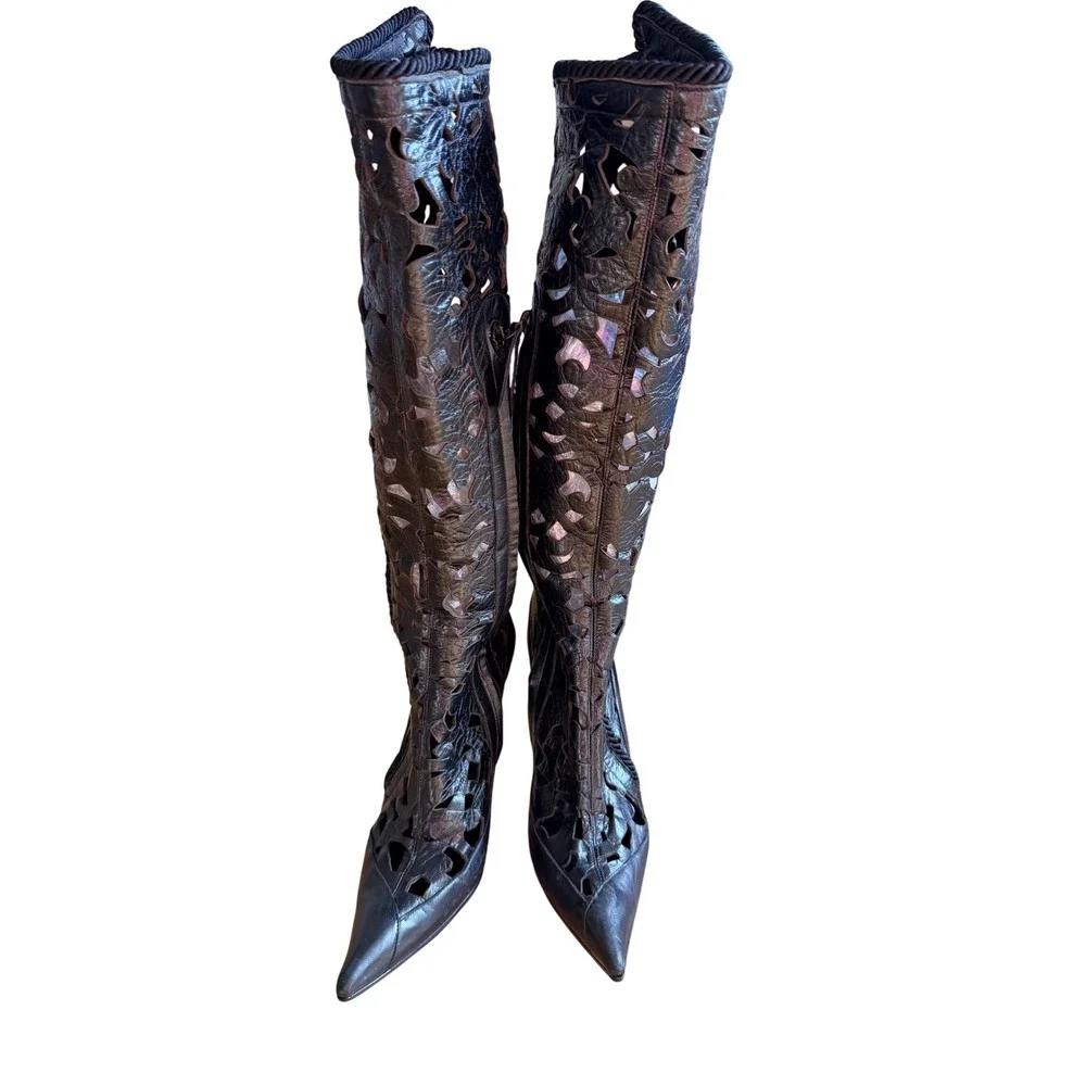 Giuseppe Zanotti Black Leather Cutout Knee High Boots Size 38.5 - US 8.5 - RARE